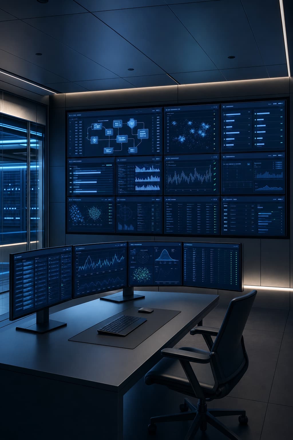 Editorial visual representing private institutional finance AI evaluation work